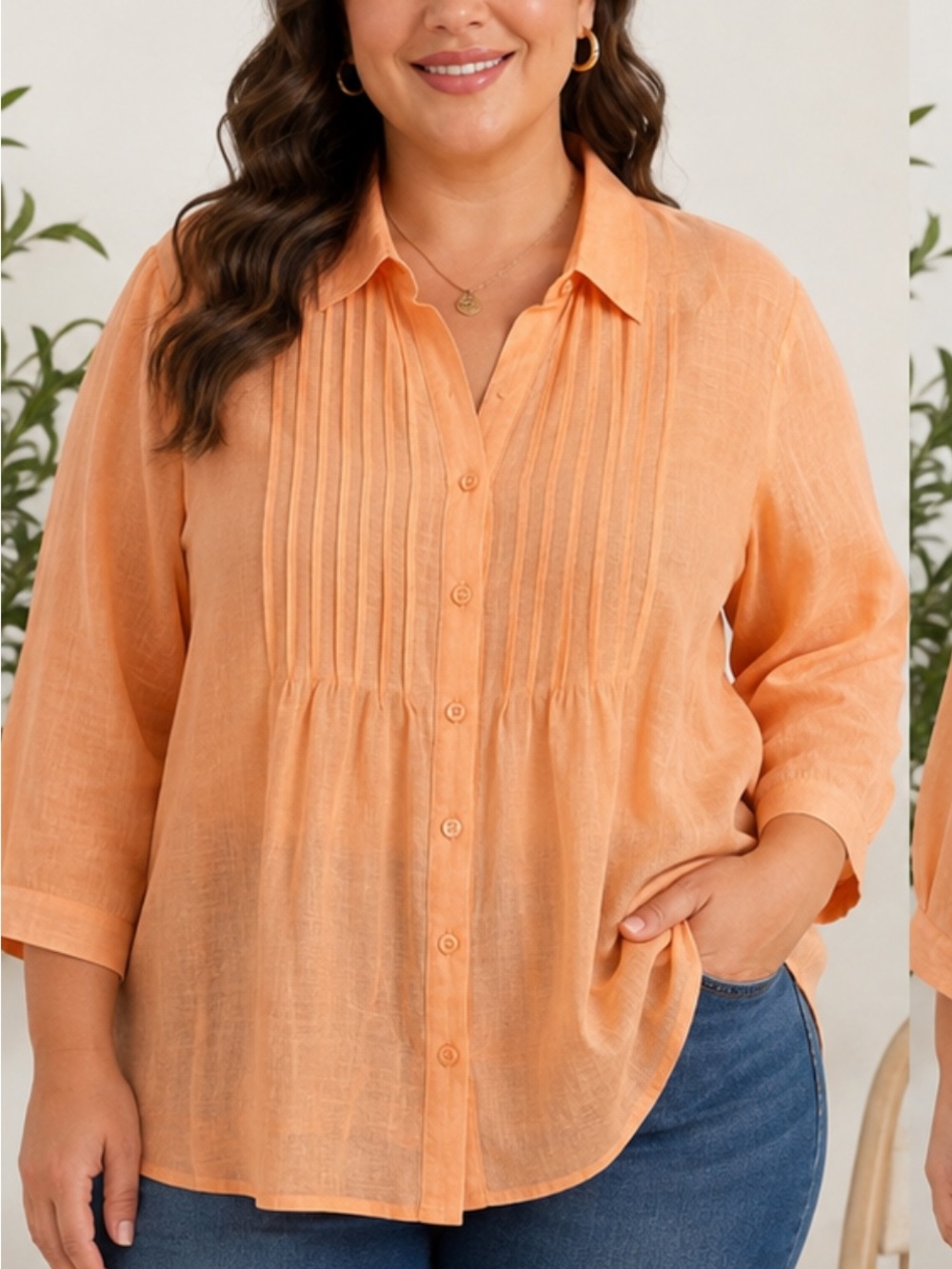 Coldwater Creek Linen Silk Blouse XL Peach Orange Button Front Lightweight 3/4 S